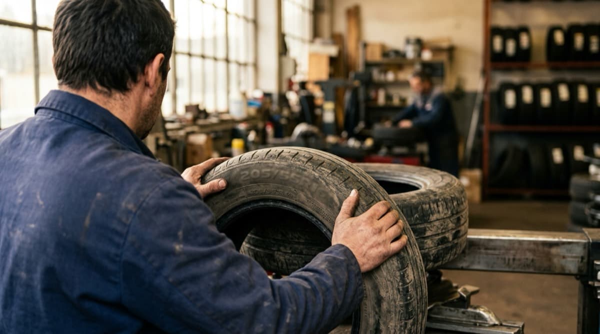 Hands turning a used tire to read its sidewall markings inside a tire shop