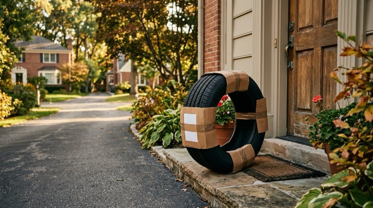 A passenger tire partially wrapped in cardboard shipping packaging on a residential doorstep