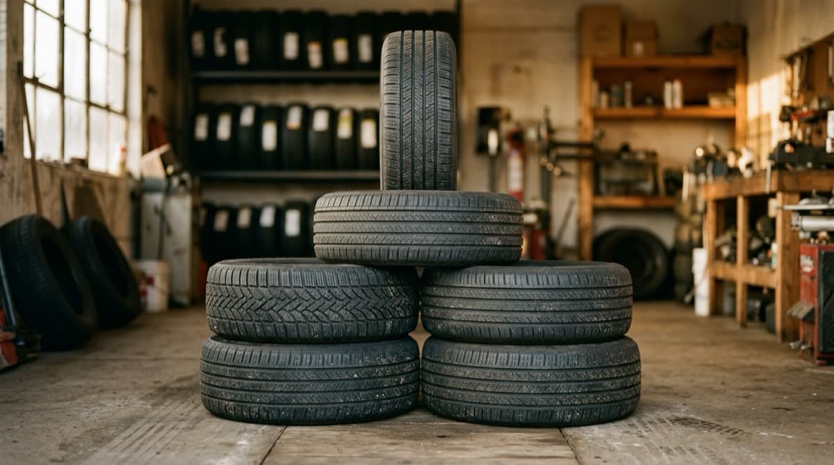 A stack of assorted passenger car tires with different tread patterns in a tire shop