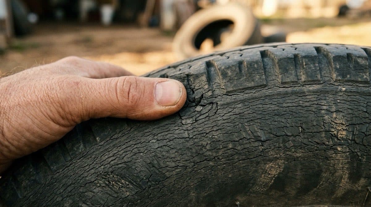 Close inspection of an aging tire sidewall showing fine dry-rot cracking near the shoulder
