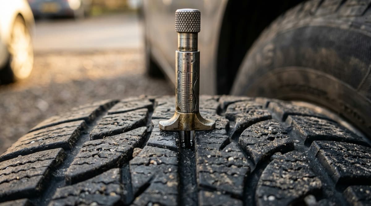 Tread depth gauge inserted into the groove of a used tire