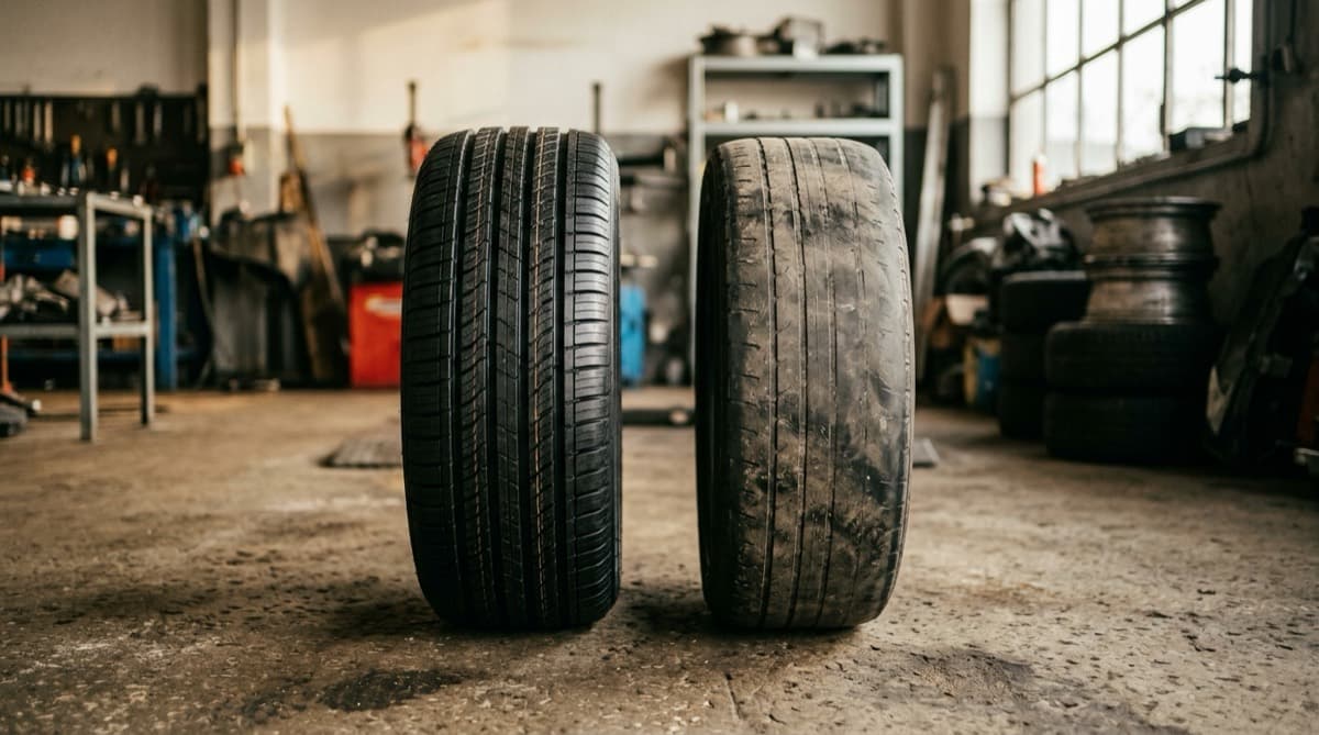 A new tire with deep tread standing next to a visibly worn used tire on a shop floor