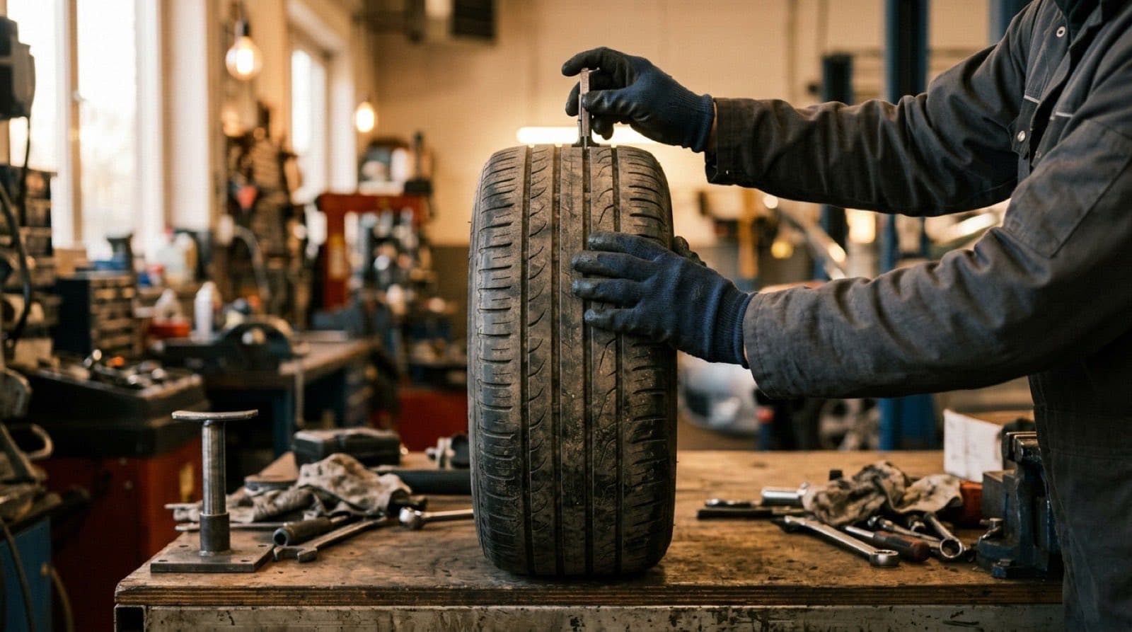 Technician inspecting the tread of a used tire on a workbench