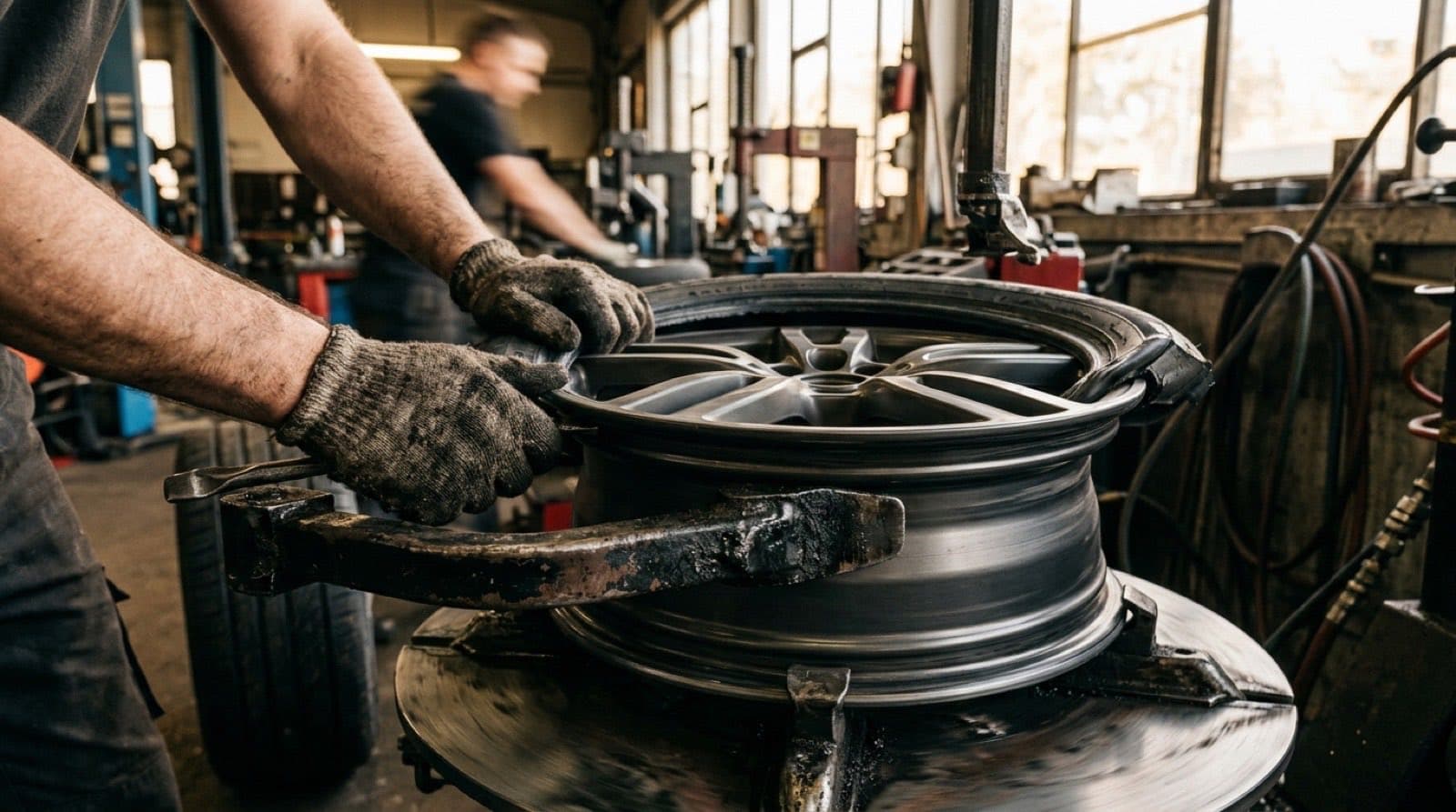 Tire being mounted onto an alloy wheel on a shop mounting machine