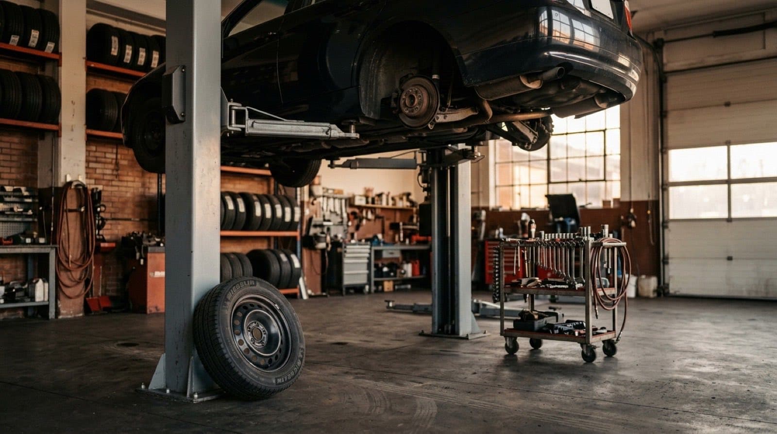 Service bay inside an independent tire shop with a car on the lift