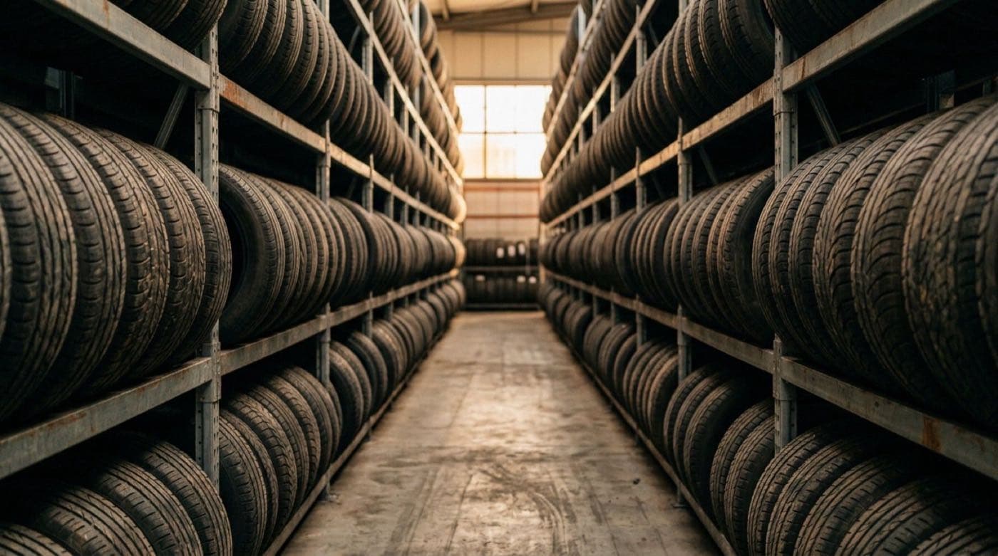 Rows of used tires stacked on racking with tread patterns facing out